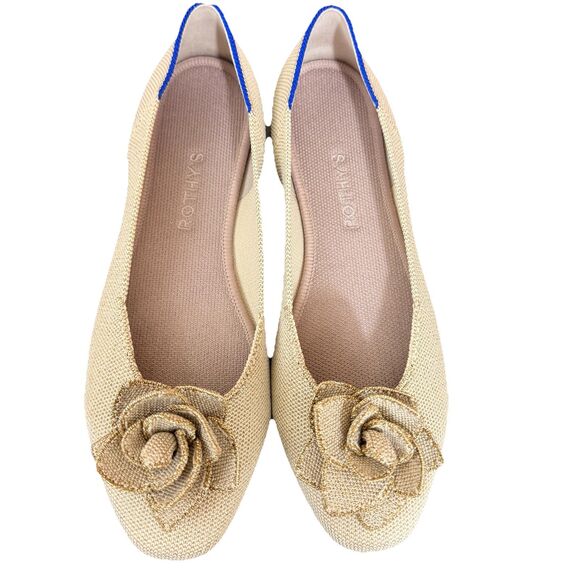 Rothy’s The Petal Square Toe Flats Metallic Beige Gold Womens Sz 9.5 Flower - Picture 3 of 11